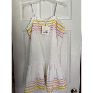 NWT Womens M Lisa Marie Fernandez White Pink Linen‎ Blend Ric Rac Dress Lined